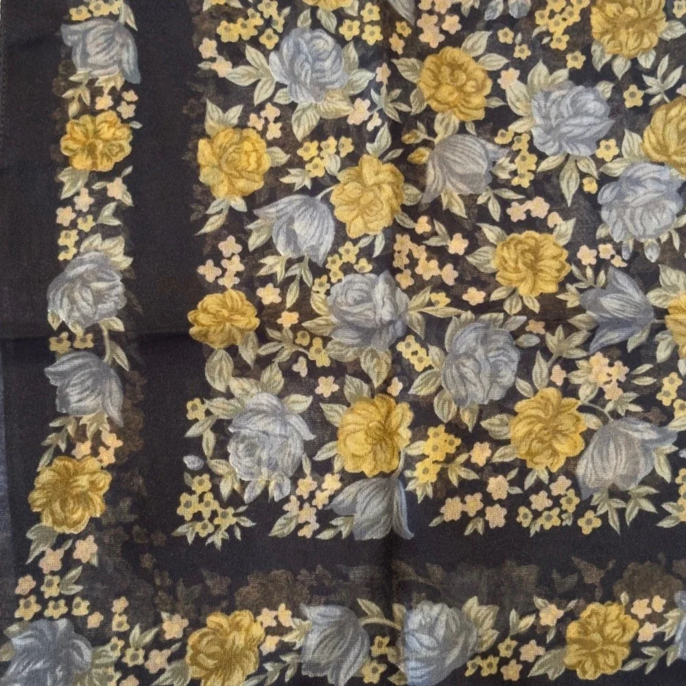 Vintage Made in Italy Floral Square Scarf‎ Navy Blue Yellow Rose